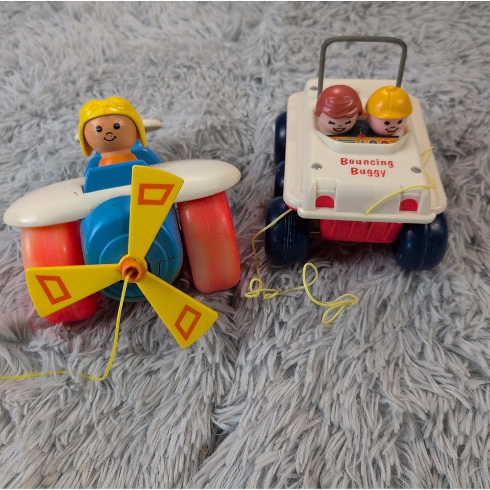 Vintage Fisher Price Bouncing Buggy Pull Along Airplane Plane Lot Of 2 Toys